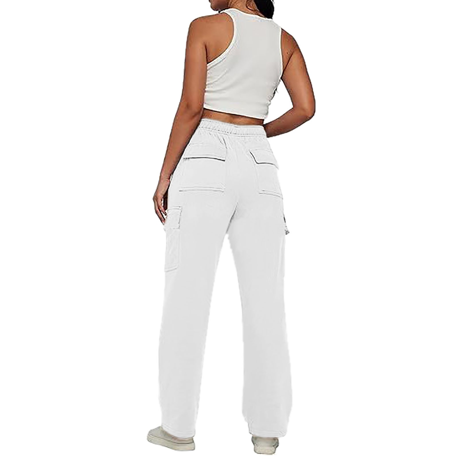 thumbnail image 4 of Pantalones rectos lisos con cintura elástica para mujer - Diseño con tirantes, poliéster, ropa informal - Tallas S-XXL, 4 of 6